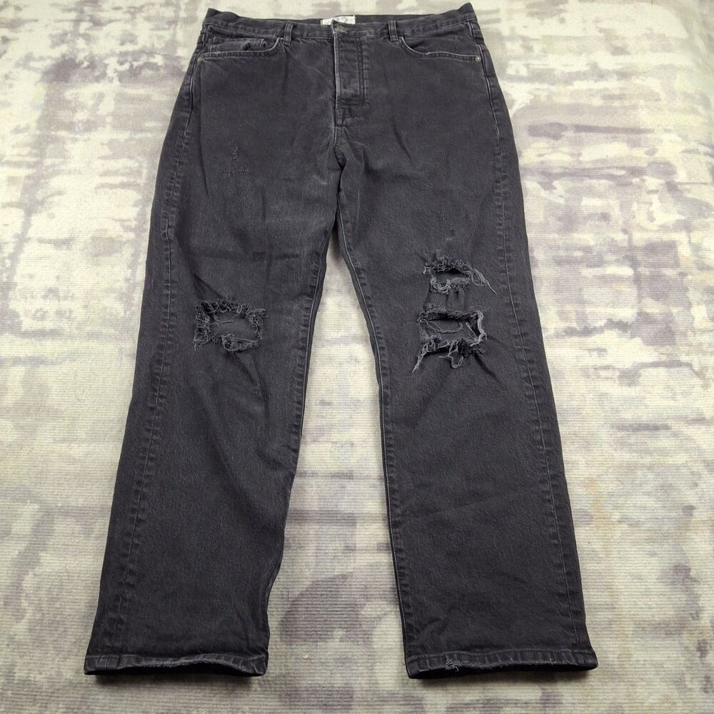 Free People We The Free Distressed Jeans Womens 32 Shredded Knee Washed Black...